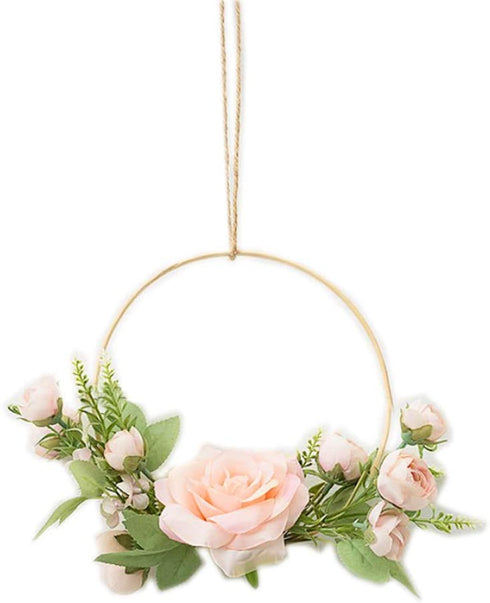 YYC 1Pcs European Chic Artificial Rose Hanging Geometric Hoop Wreath Bedroom Wall Decor Hemp Rope (Pink)