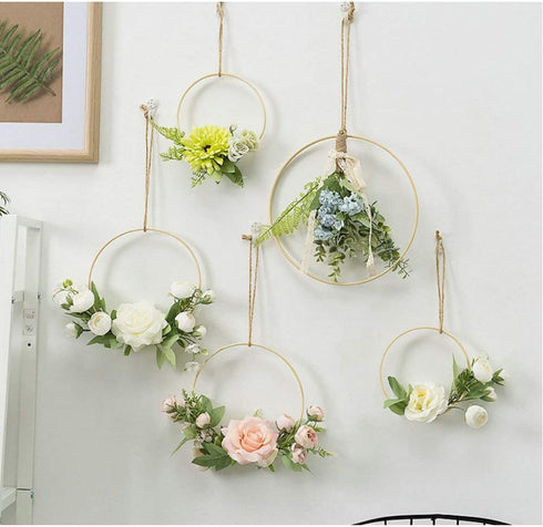 YYC 1Pcs European Chic Artificial Rose Hanging Geometric Hoop Wreath Bedroom Wall Decor Hemp Rope (Pink)