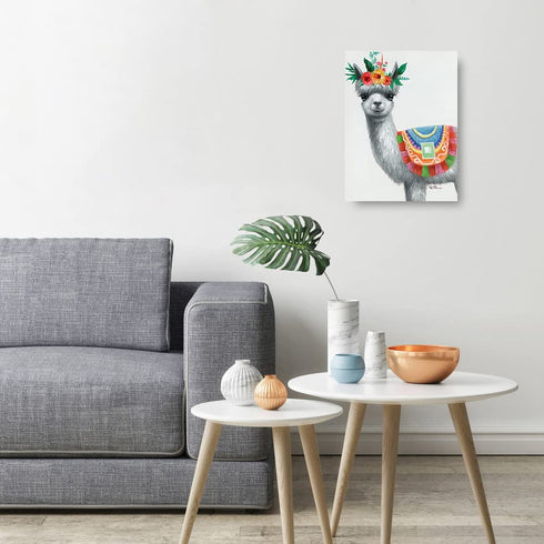 Llama Decor Canvas Wall Art: Llama with Flower Crown Posters Art Print Alpaca Picture Framed for Home Bathroom Decor, White Llama Painting Cute Animal Nursery Decor for Teen Girls Room 12"x16"
