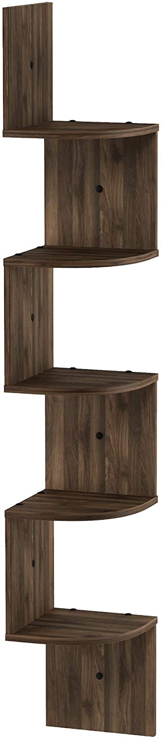 Furinno Rossi Wall Mount Floating Corner Shelf, 5-Tier Radial, Columbia Walnut