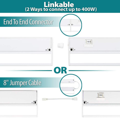 LED Under Cabinet Lighting by NSL - Dimmable Hardwired or Plugged-in Installation - 3 Color Temperature Slide Switch - Warm White (2700K), Soft White (3000K), Cool White (4000K) - 9 Inch White Finish
