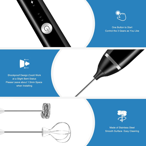 Milk Frother Handheld, Electric Foam Maker with Stainless Whisk 3 Speed for Bulletproof Coffee Extra 16 Pcs Art Stencils