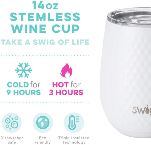 Swig Life 14oz Insulated Wine Tumbler with Lid, Dishwasher Safe, Holds 2 Glasses, Stemless, Portable, Stainless Steel Wine Glass | Golf Gifts for Women (Golf Partee)