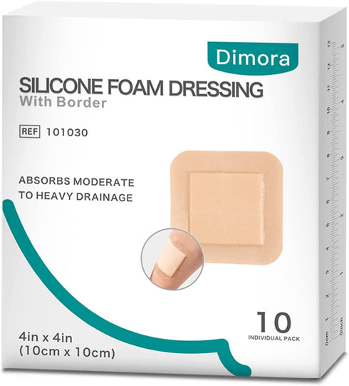 Dimora Silicone Foam Dressing with Border Adhesive 4"x4" Waterproof Wound Dressing Bandage for Wound Care 10 Pack