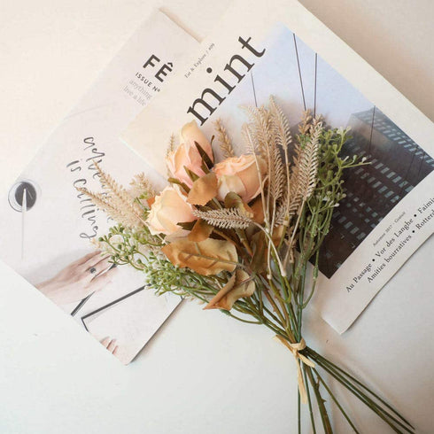 Artificial Dried Flowers Fake Silk Rose Flower Arrangements 2 Packs of Plastic Wheat Ears Bouquet Decor Home Decoration Centerpieces (Champagne)