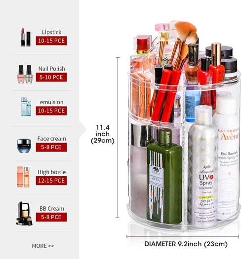 Adjustable Cosmetic Organizer Cosmetics Countertop - Rotating Makeup Storage Acrylic Multi Accessories Organizers Fits Jewelry Toiletry Bathroom (Clear)