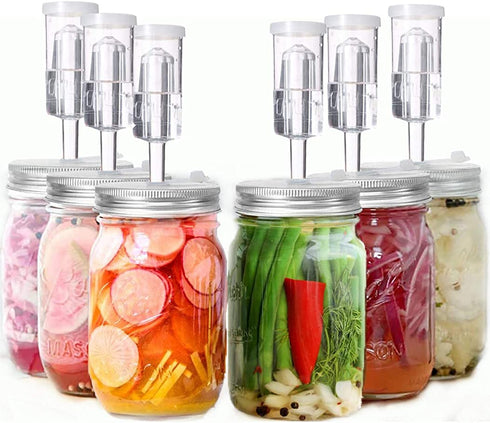 Fermentation Lids, 6 Set Fermentation Kit for Wide Mouth Jars, 6 Stainless Steel Fermenting Lids with 24 Silicone Grommets, 6 Airlocks, 6 Silicone Rings(Jars Not Included)