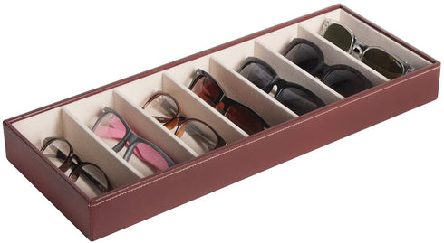 JackCubeDesign 7 Compartments Sunglasses Organizer, Leather Eyelgass Storage Tray Box for Table Desk Drawer (Brown, 17.4 x 6.7 x 1.97) - MK378B