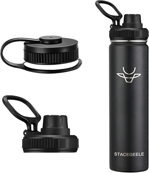 STACEGEELE Insulated Vacuum Water Bottle with Spout Lid & Screw on Top | Stainless Steel Flask For Kids Leak Proof Lightweight Eco Friendly 18oz / 24oz / 32 oz / 40oz(24oz Black)