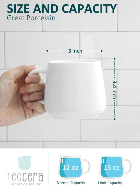 Porcelain Coffee Mugs Set of 4 - 12 Ounce Cups with Handle for Hot or Cold Drinks like Cocoa, Milk, Tea or Water - Smooth Ceramic with Modern Design, White