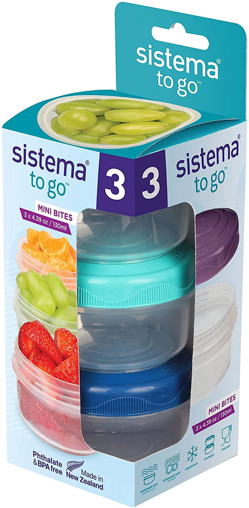 Sistema To Go Collection Mini Bites Small Food Storage Containers, 4.39 oz./130 mL, Pink/Green/Blue, 3 Count