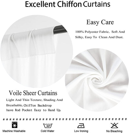Chiffon Backdrop Curtain-2 Panels 29"x96" Wedding Chiffon Backdrop Drapes Beach Curtains for Living Room Voile Window Curtain Photography Backdrop for Wedding Ceremony (29''x96''x2pcs, White)