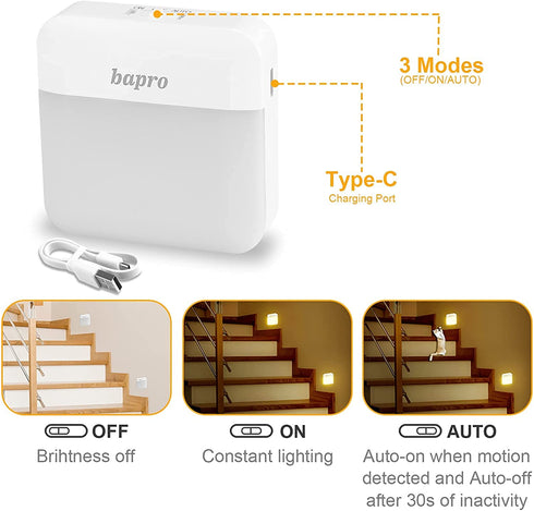 6pack LED Night Lights Dusk to Dawn Sensor, Bapro Stick-on Nightlight Rechargeable Warm White 3000K Under-Cabinet Lighting Wireless Light for Bedroom, Kitchen, Hallway, Stairs, Closet Counter