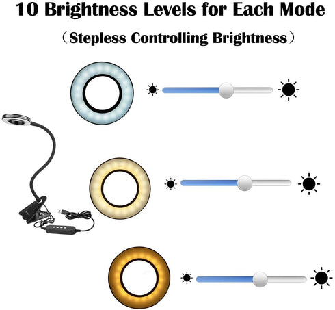 CeSunlight Clip Light, 8W Clamp Bed/Desk Lamp, Webcam Light Video Conferencing, Warm & Daylight & White Light 3 Colors, Eye-Care 10 Dimmable Illumination Modes (Black)