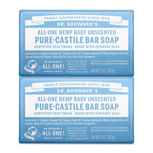 Dr. Bronner’s - Pure-Castile Bar Soap (Baby Unscented, 5 ounce, 2-pack) - Made with Organic Oils, For Face, Body, Hair, Gentle for Sensitive Skin, Babies, No Added Fragrance, Biodegradable, Vegan