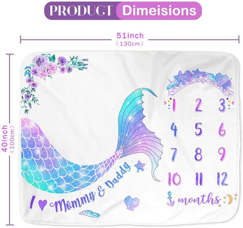 Bonsai Tree Milestone Blanket Baby Girl, Mermaid Baby Monthly Milestone Photo Blanket for Newborn, Thick Fleece Photography Prop for Baby, Includes 1 Frame + 1 Headband, 51?x40?