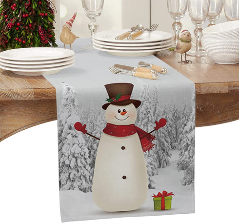 Gogobebe Christmas Table Runner 36 inches Long Snowman and Gift White Kitchen Table Runner for Dining Table Cotton Linen Table Runners for Party Home Decoration 13x36in
