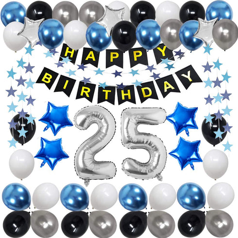 25th Birthday Decorations for Men Women Boy Girl,Blue Black Birthday Party Supplies with 25 Silver Number Balloon Happy Birthday Banner for 25th and 52nd Birthday Party