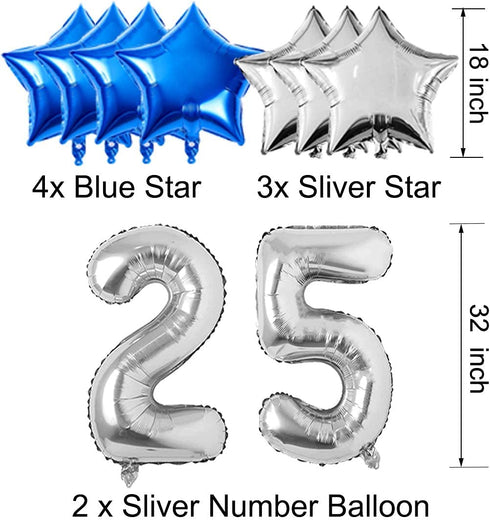 25th Birthday Decorations for Men Women Boy Girl,Blue Black Birthday Party Supplies with 25 Silver Number Balloon Happy Birthday Banner for 25th and 52nd Birthday Party