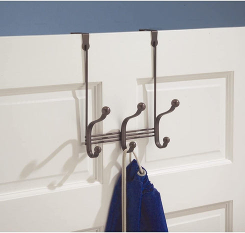iDesign York Metal Over the Door Organizer, 3-Hook Rack for Coats, Hats, Robes, Towels, Bedroom, Closet, and Bathroom, 8.38" x 5.25" x 11", Bronze