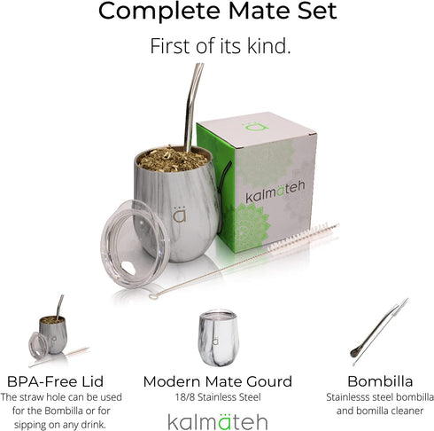 Kalmateh Yerba Mate Gourd - Double Walled Stainless Steel with BPA Free Lid, Bombilla Filter Straw & Bombilla Cleaner (Black Marble, 8 oz)