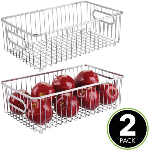 mDesign Metal Farmhouse Kitchen Pantry Food Storage Organizer Basket Bin - Wire Grid Design - for Cabinets, Cupboards, Shelves, Countertops - Holds Potatoes, Onions, Fruit - Large, 2 Pack - Chrome