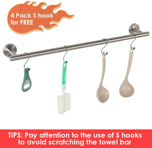 TocTen Bath Towel Bar - Thicken SUS304 Stainless Steel Towel Rack for Bathroom with 4 S Hooks, Bathroom Accessories Towel Rod Heavy Duty Wall Mounted Towel Holder (24IN, Brushed Nickel)