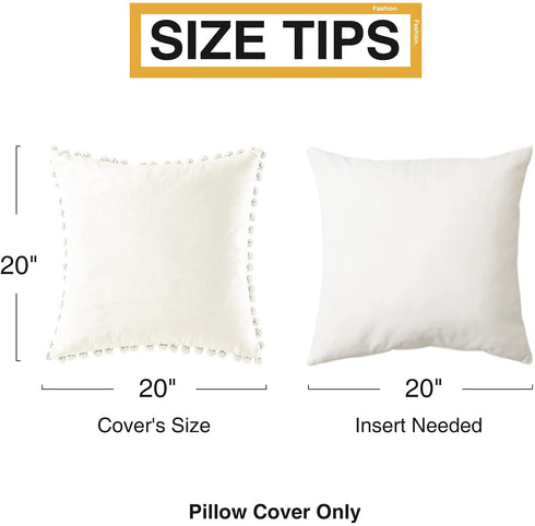 Top Finel Decorative Throw Pillow Covers with Pom-poms Soft Particles Velvet Solid Cushion Covers 20 X 20 for Couch Bedroom Car, Pack of 2, Cream