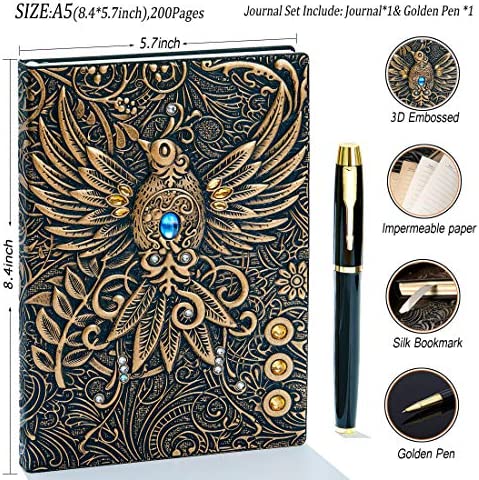 Embossed Leather Journal Writing Notebook - Antique Handmade Leather Daily Notepad Sketchbook, Travel Diary & Notebooks to Write in, Phoenix Gift For Men & Women, with Golden Classic Pen, (Bronze)