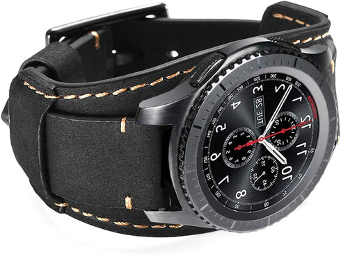 CooBES Compatible with Samsung Galaxy Watch 46mm/Galaxy Watch 3 45mm/Gear S3 Frontier/Classic Bands, 22mm Genuine Leather Cuff Bracelet Replacement Strap with Stainless Steel Buckle Men Women (Black)