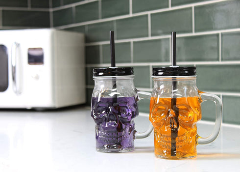 Darware Skull Mason Jar Mugs (Set of 4); Clear 12oz Glasses with Reusable Straws