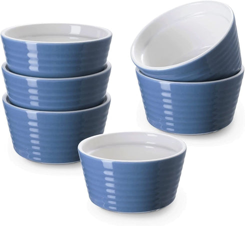 DOWAN Ramekins 8 oz Oven Safe, Porcelain Ramekins Souffle Dish, Creme Brulee Ramekins, Ramekins for Baking, Stackable Ramekin for Pudding, Spinach Souflees, Set of 6, Airy Blue