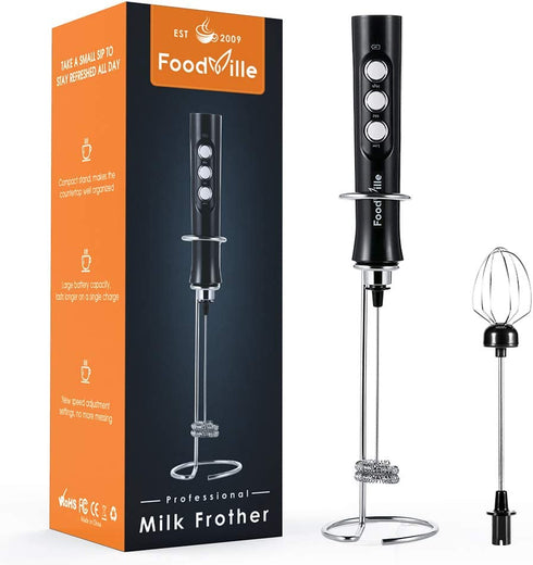 FoodVille MF02 Rechargeable Milk Frother Handheld Foam Maker with Stainless Whisk for Cappuccino, Latte, Bulletproof Coffee, Keto Diet, Protein Powder, Matcha