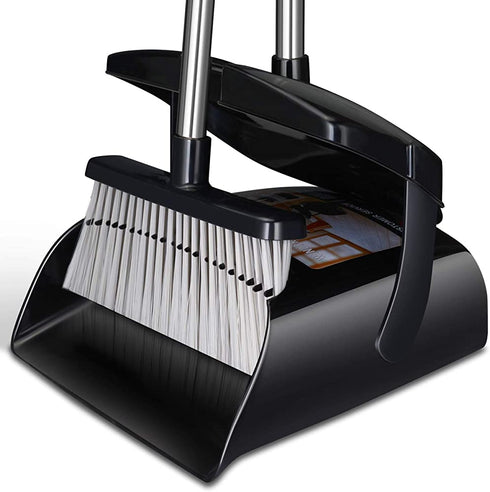 Broom and Dustpan Set with Lid Outdoor Or Indoor Dust Pan with Combo 3 Foot Long Stainless Standing Upright for Room Office Home Kitchen Floor Whisk Brush Set Lobby Clean The Pet Dog Hair (Black)
