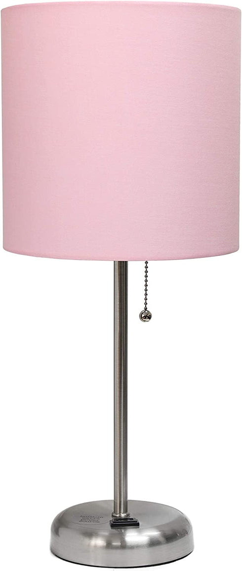 Limelights LT2024-LPK Stick Charging Outlet Table Lamp, Brushed Steel Base/Light Pink Shade