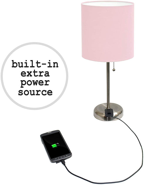 Limelights LT2024-LPK Stick Charging Outlet Table Lamp, Brushed Steel Base/Light Pink Shade