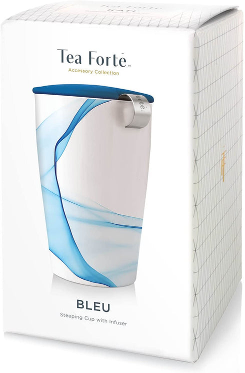 Tea Forte Kati Cup Bleu, Ceramic Tea Infuser Cup with Infuser Basket and Lid for Steeping Loose Leaf Tea