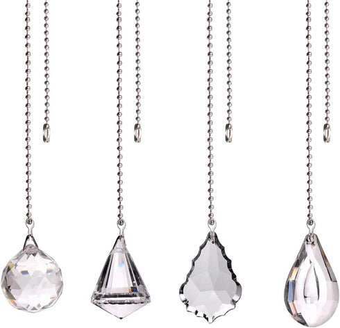 longsheng Clear Crystal Prism Drop Dazzling Crystal Ceiling Fan Pull Chain Pull Chain Extension with Connector for Ceiling Light Fan Set of 4 with Gift Box