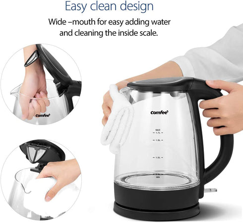 COMFEE' Glass Electric Tea Kettle & Hot Water Boiler(BPA-Free), 1.7L, Cordless with LED Indicator, 1500W Fast Boil, Auto Shut-Off and Boil-Dry Protection