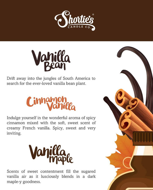 Shortie's Candle Company Vanilla Wax Melts Variety Pack - Vanilla Bean, Vanilla Maple, Cinnamon Vanilla - Formula 117-3 Highly Scented 3 Oz. Bars - Made with Natural Oils - Vanilla Warmer Wax Cubes