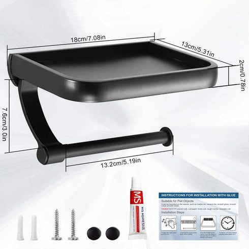 Matte Black Toilet Paper Holder with Phone Shelf, GIGRIN Space Aluminum Adhesive Toilet Tissue Holder Wall Mount TP Roll Holder for RV Home Bathroom