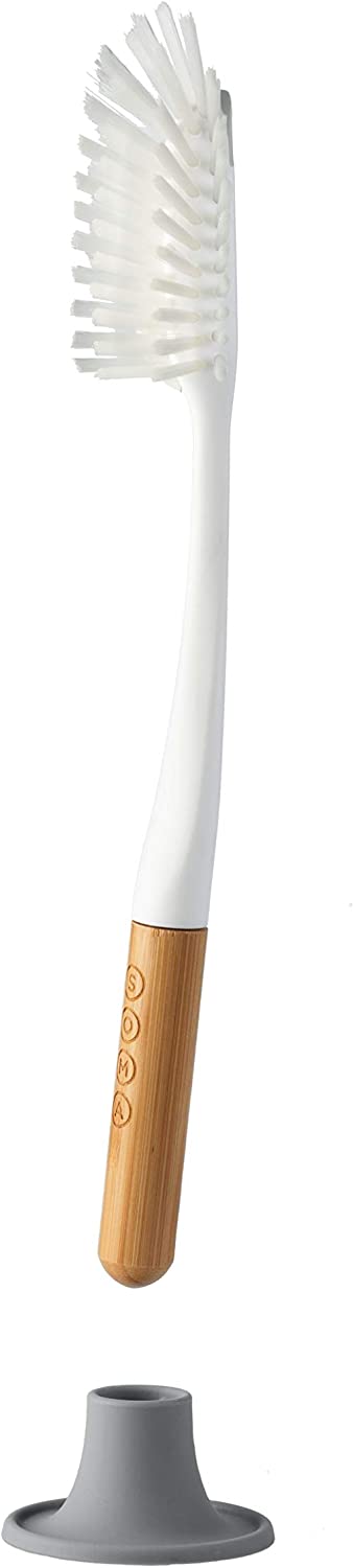 SOMA Long, Curved-Head Bottle Brush with Silicone Stand and Bamboo Handle, 14"", Gray"
