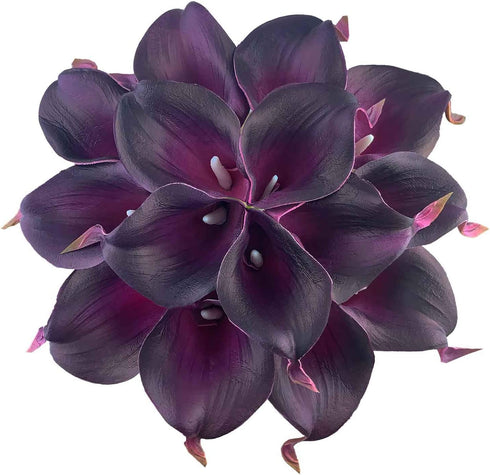 ZGPEPEXIA 15 Pcs Real Touch Calla Lily Artificial Flowers Wedding Bridal Bouquet Home Décor Party (Dark Plum Purple)