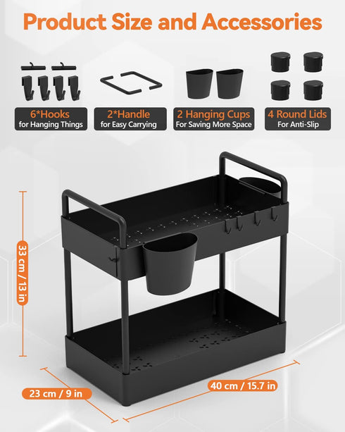 Warmodern Under Sink Organizer, 2 Tier Bathroom Organizer Under Sink, Kitchen Cabinet Organizers Baskets with 4Hooks,2 Handles and 2 Hanging Cups, Multifunction Under Sink Storage for Bathroom Kitchen