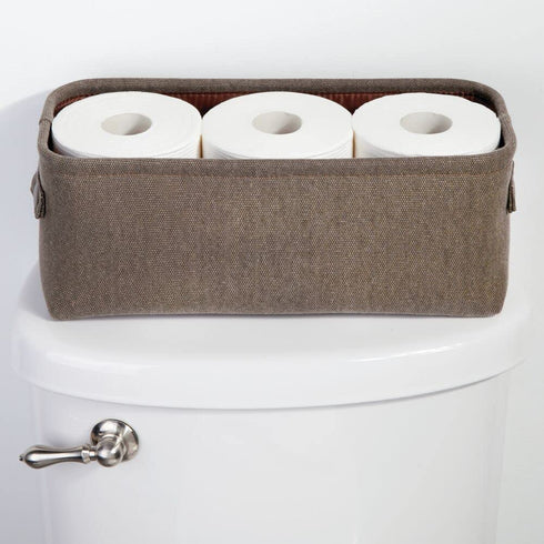 mDesign Soft Cotton Fabric Bathroom Storage with Attached Handles - Organizer for Towels, Toilet Paper Rolls - for Back of Toilet, Cabinets, and Vanities, 2 Pack - Espresso Brown