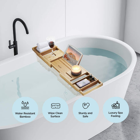 PEULEX Bathtub Tray- Bath Caddy Comes With Book, Soap Dish & Wine Glass Holder, Expandable Hot Tub Tray Designed With Premium Bamboo, For Luxurious Bathing, Great For Bath Lovers & Gift For Loved Ones