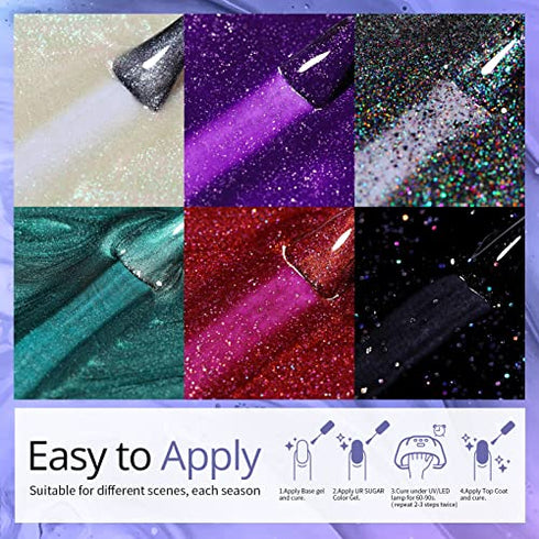 UR SUGAR Glitter Gel Nail Polish Set, 6 Colors Cat Magnetic Chameleon Color Changing Gel Nail Polish Kit Milky White Purple Green Red Black Gel Polish Soak Off Gel Gift Box Nails Manicure Kit