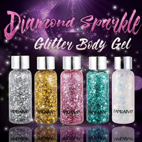 Body Glitter Gel Holographic Glitter Liquid for Festival Make Up 3 Colors Set Long-Lasting Easy to Remove (Pink,Silver,Mermaid)