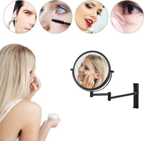 Wall-Mounted Makeup Mirror Black 10 Times Magnification Makeup Mirror can Move up and Down 8 inch Bathroom Double-Sided Makeup Mirror 360 Degree Rotating Telescopic Folding Without Dead Ends