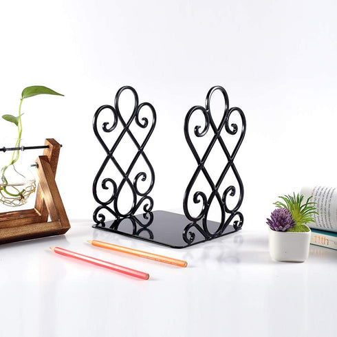 Bookends, Metal Book Ends for Shelves Heavy Duty Decorative Book Support Non-Skid for Office Desk School Library Organizer Gift, 7 x 6.1 x 8.6 inch Black (2 Pairs)